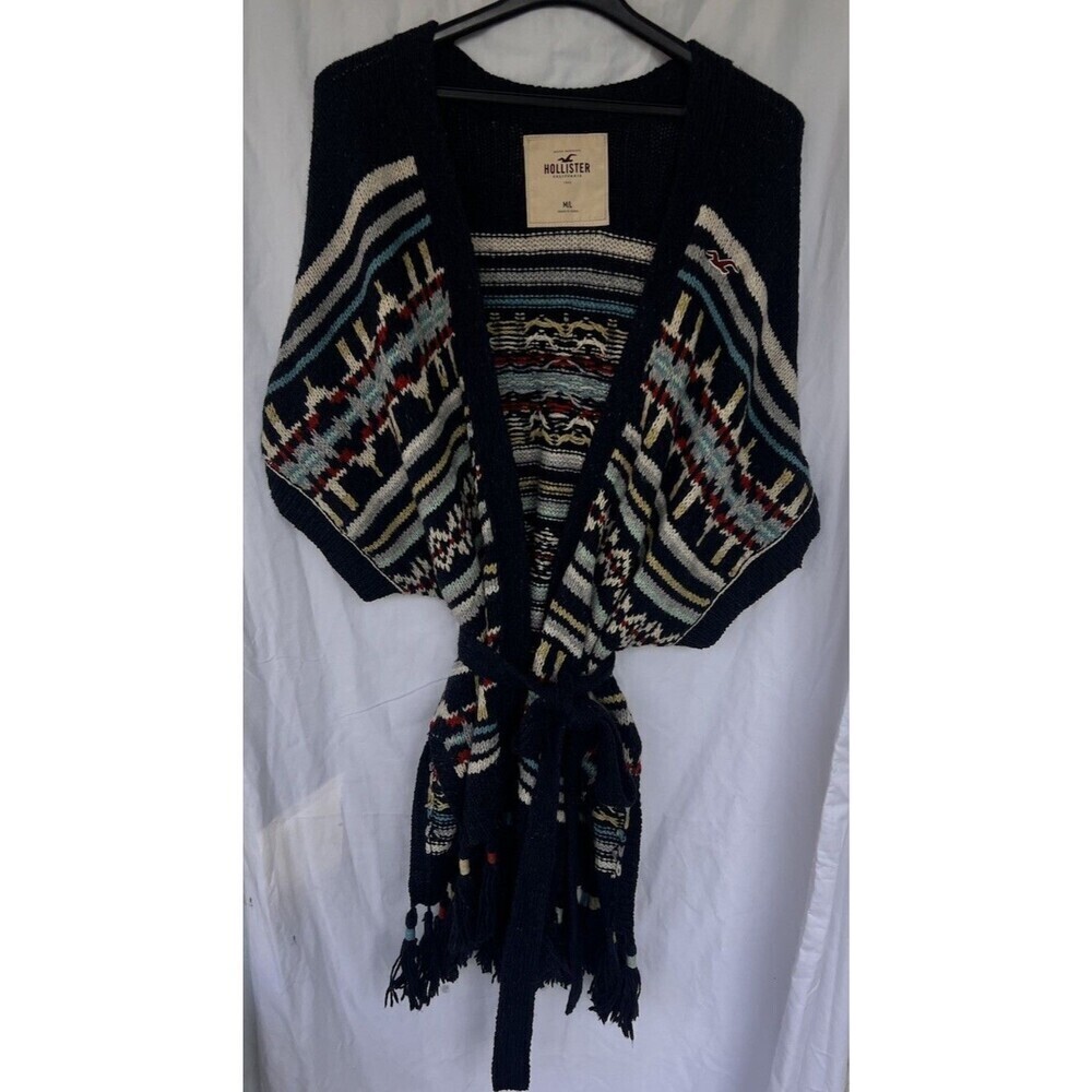 Hollister Navy Tribal Southwestern Belted Cardigan Vest Aztec Boho Western M/L